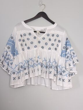 Pure Collection Boho Embroidered White Peasant  Bell half sleeve V-neck tie up S